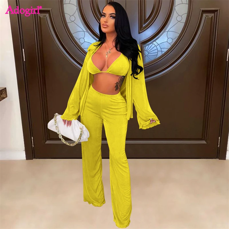 

Женский бархатный костюм Adogirl из 3 предметов, однотонный осенне-зимний спортивный костюм с бюстгальтером на шнуровке, рубашка с длинным рукавом, кардиган, широкие штаны, повседневный костюм