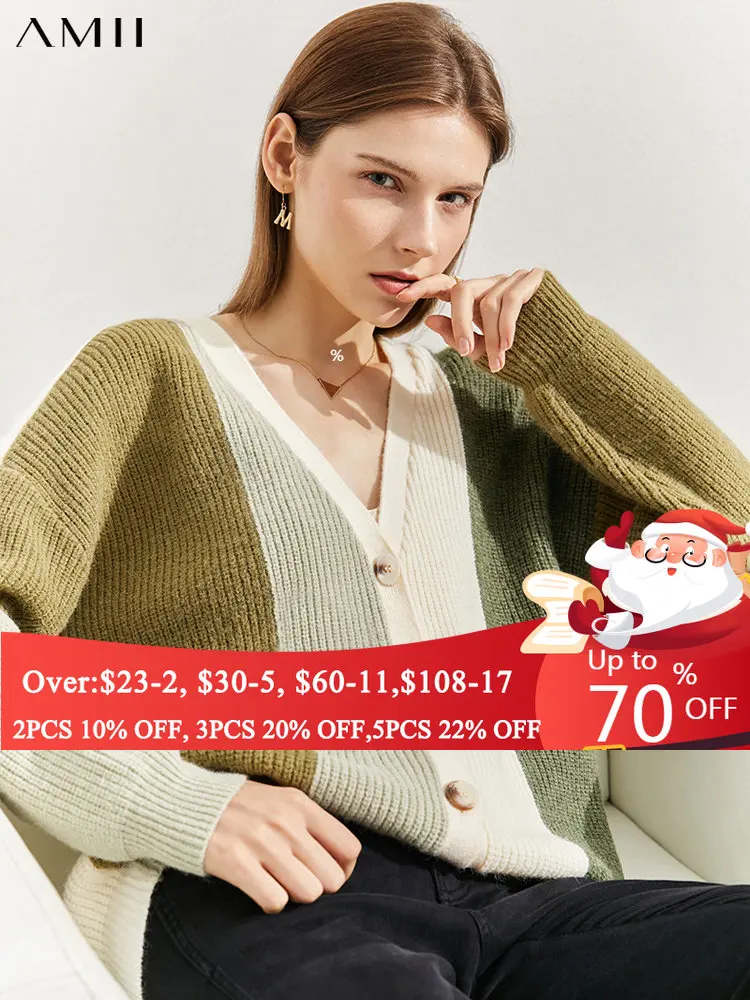 Amii Minimalism Autumn Cardigan For Women Elegant V Neck Contrast Thicken Sweaters Casual Loose Female Knitted Tops 12140722