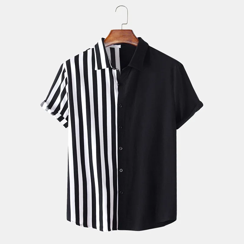 Summer New Mens Vintage Striped Shirts Fashion Casual Black White Patchwork Short Sleeve Hawaii For Men Camisas De Hombre