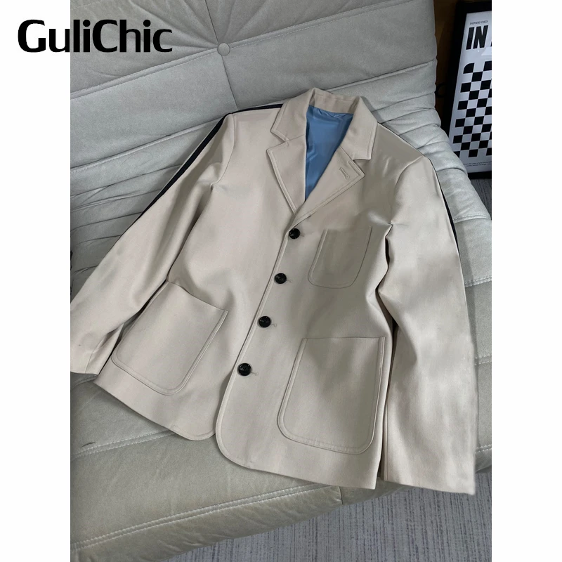 

1.13 GuliChic Fashion Letter Embroidery Pocket Striped Contrast Color Single Breasted Wool Blazer Women
