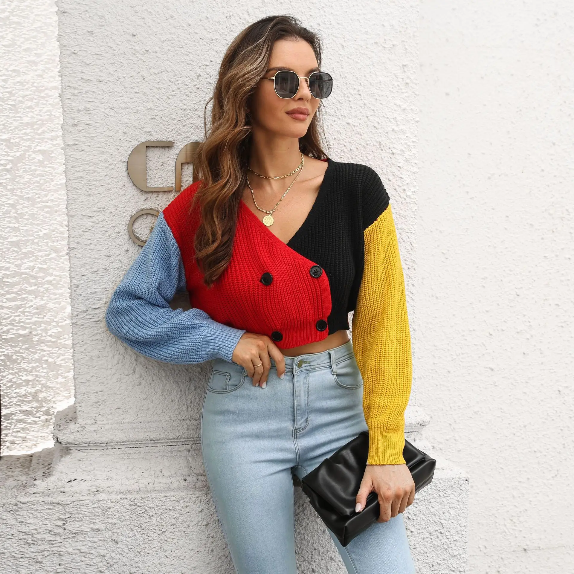 

Женский трикотажный двубортный кардиган, Укороченное пальто контрастных цветов с длинным рукавом, пуловер на осень и зиму