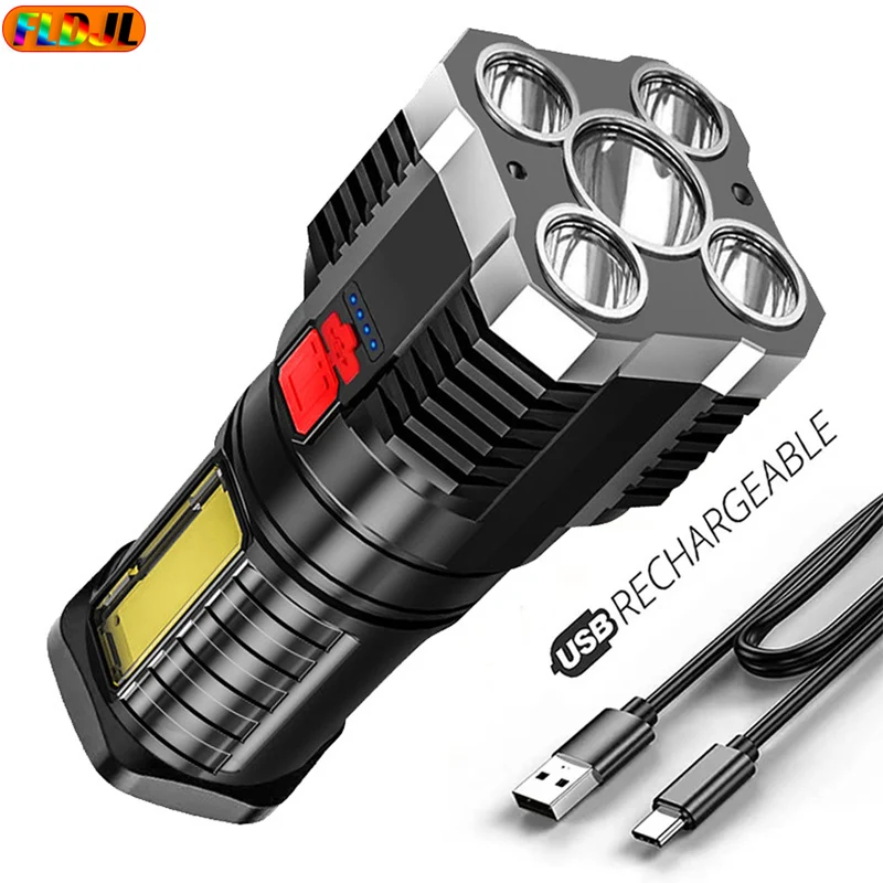

5 LED Super Bright Flashlight USB Rechargeable Outdoor Multi-function Waterproof Long-range Spotlight Battery Display COB Light