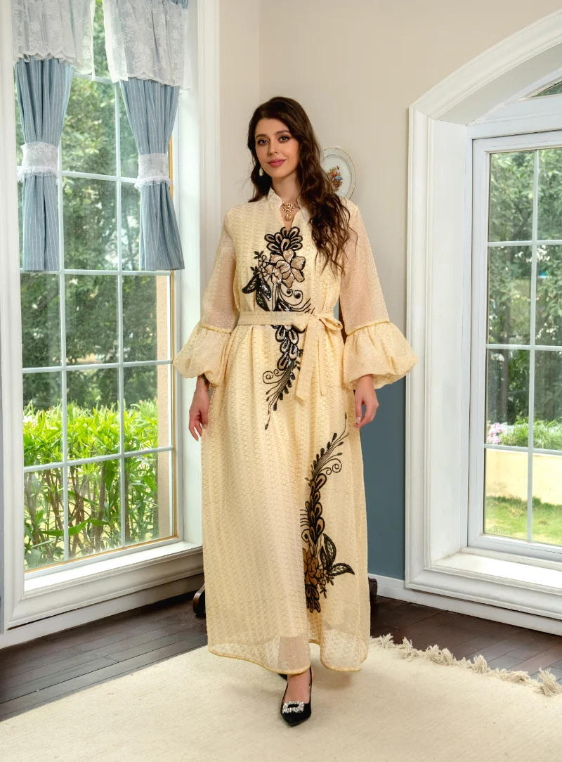 Elegant Women's Dresses for Party 2023 Fashion Muslim Mesh Sequin Embroider Evening Dress Dubai Moroccan Caftan Petal Sleeve Eid