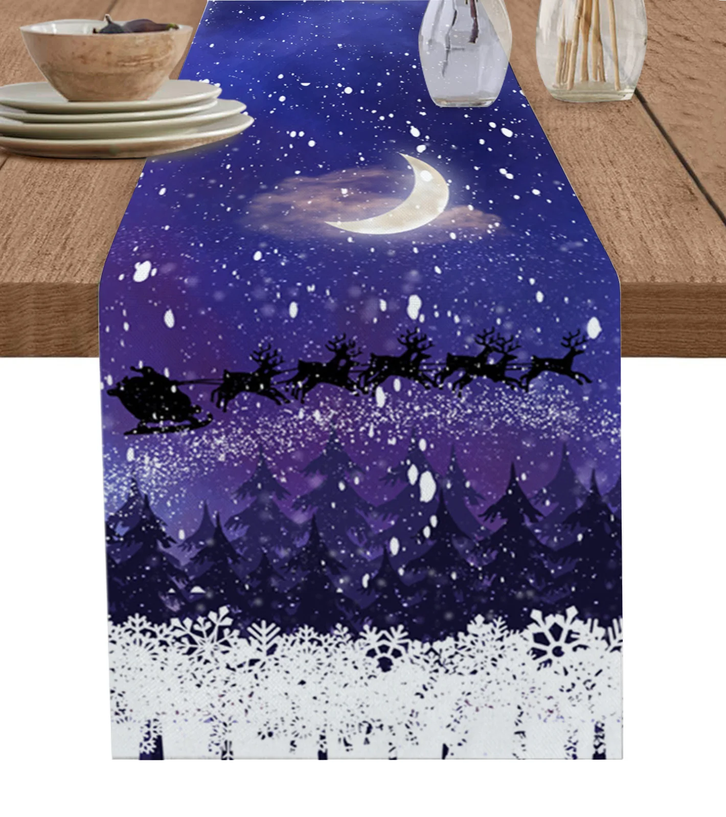 

Christmas Night View Santa Claus Reindeer Table Runner Modern Kitchen Dining Decor Table Runner Wedding Decor Table Cloth