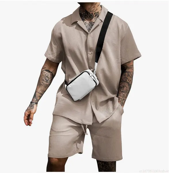 2023 Summer New Men's Casual Comfortable Button Collar Shirt Short Sleeve Shorts Two Piece Set Street Men's Clothing