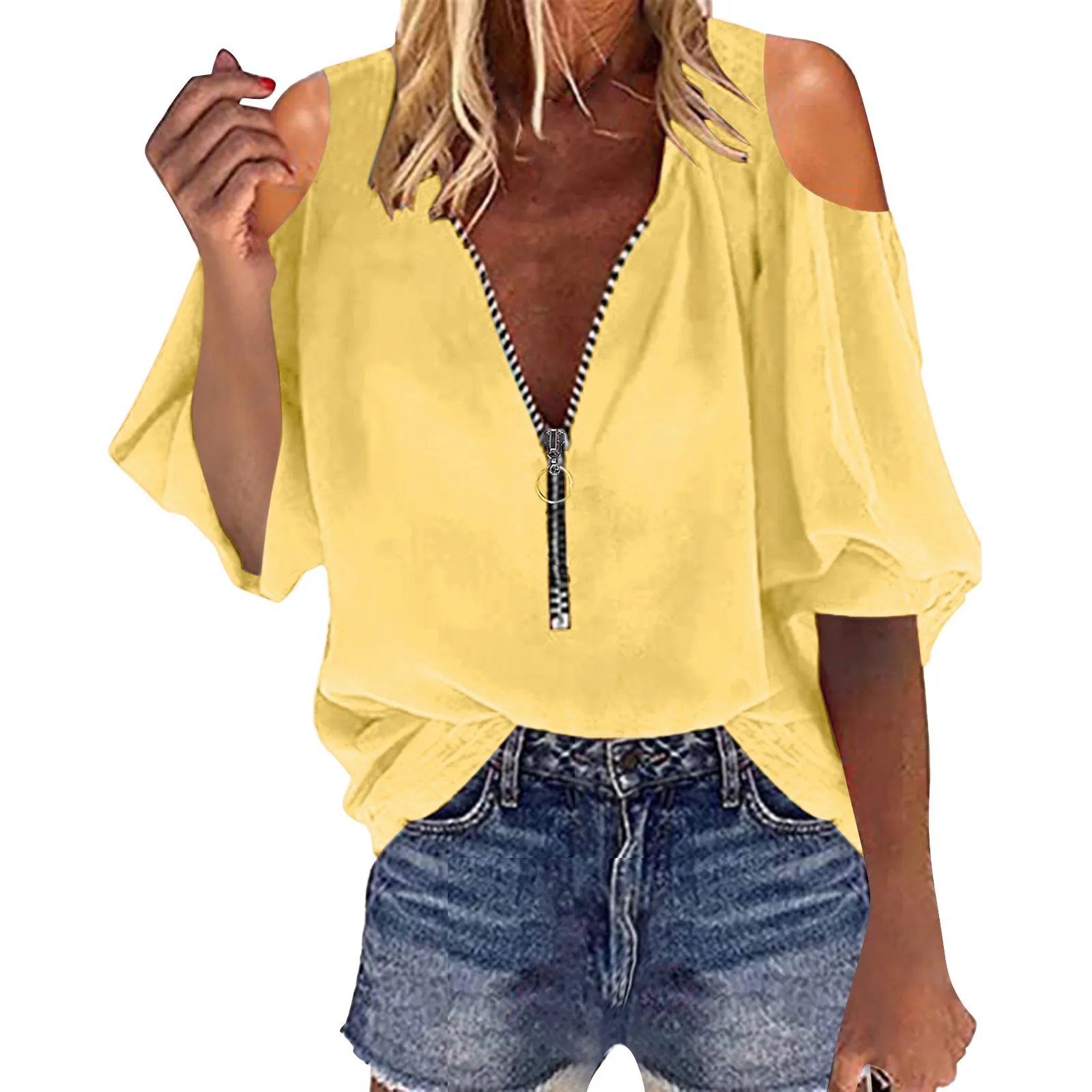 

Women Cold Shoulder Tops Solid Color Zipper Tops Shirts Spring Summer Half Sleeve V Neck Blouse Vintage Loose Blusa Mujer