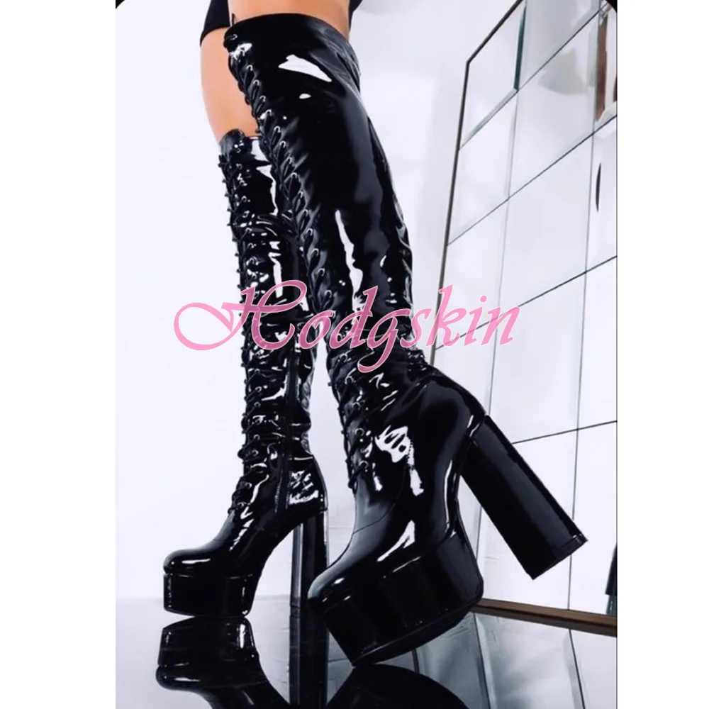 Купи Patent Leather Platform Boots Round Toe Chunky High Heels Lace Up Solid Knee High Boots Women Sexy Shoes Winter Party Dress Zip за 5,606 рублей в магазине AliExpress