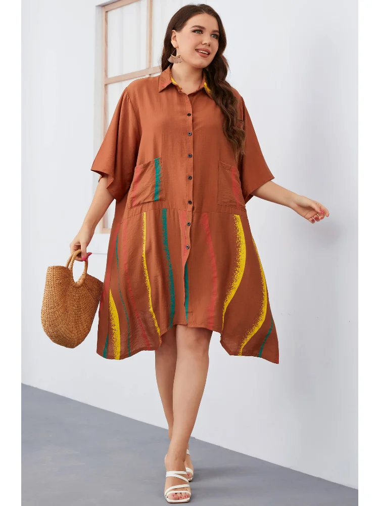 Black European temperament commuter solid color woven lapels women's large size half sleeve dress plus size dresses