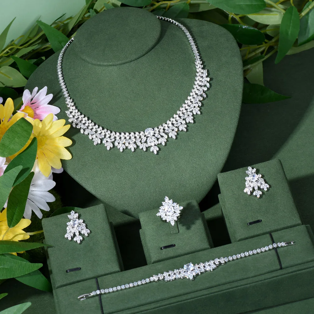 

Luxury 4PCS Flower Leaf Necklace Earring Set Dubai Wedding Jewelry Sets Engagement brincos para as mulheres 2022 N-77