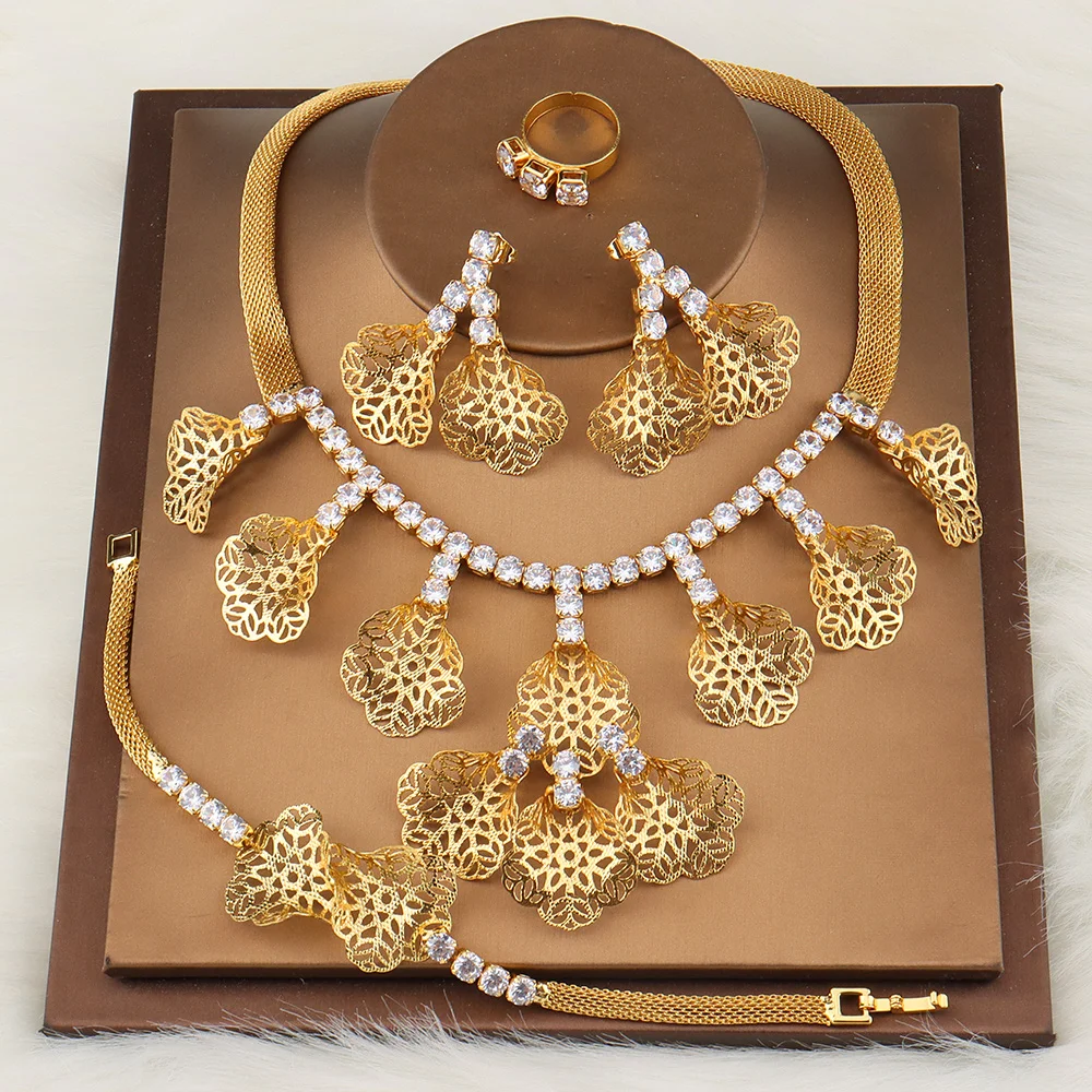 

Gold Plated Jewelry Sets for Women African Classic Luxury Quality Necklaces Fashion Copper Party Earrings Accessories Ladies