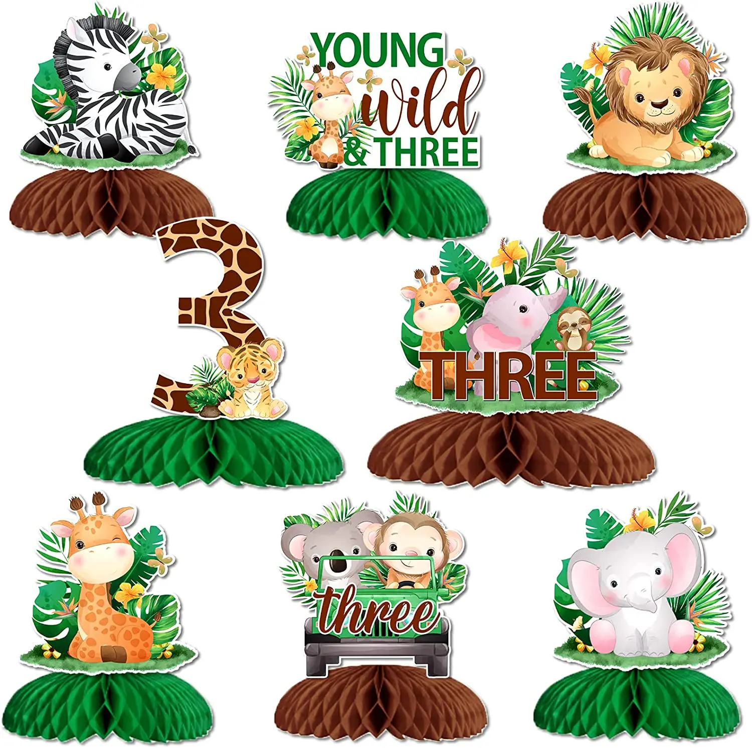 

Young Wild Three Birthday Party Decorations, Jungle Honeycomb Centerpieces, Safari Animal 3rd Birthday Table Centerpieces, 8Pcs