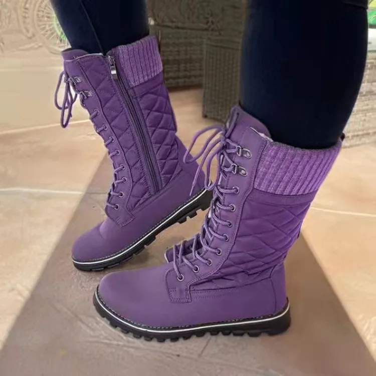 

2022 New Women Big Size Winter Snow Boots Dark Colour Warm Fur Insole Non-slip Outsole Zipper Upper Lace Up platform boots