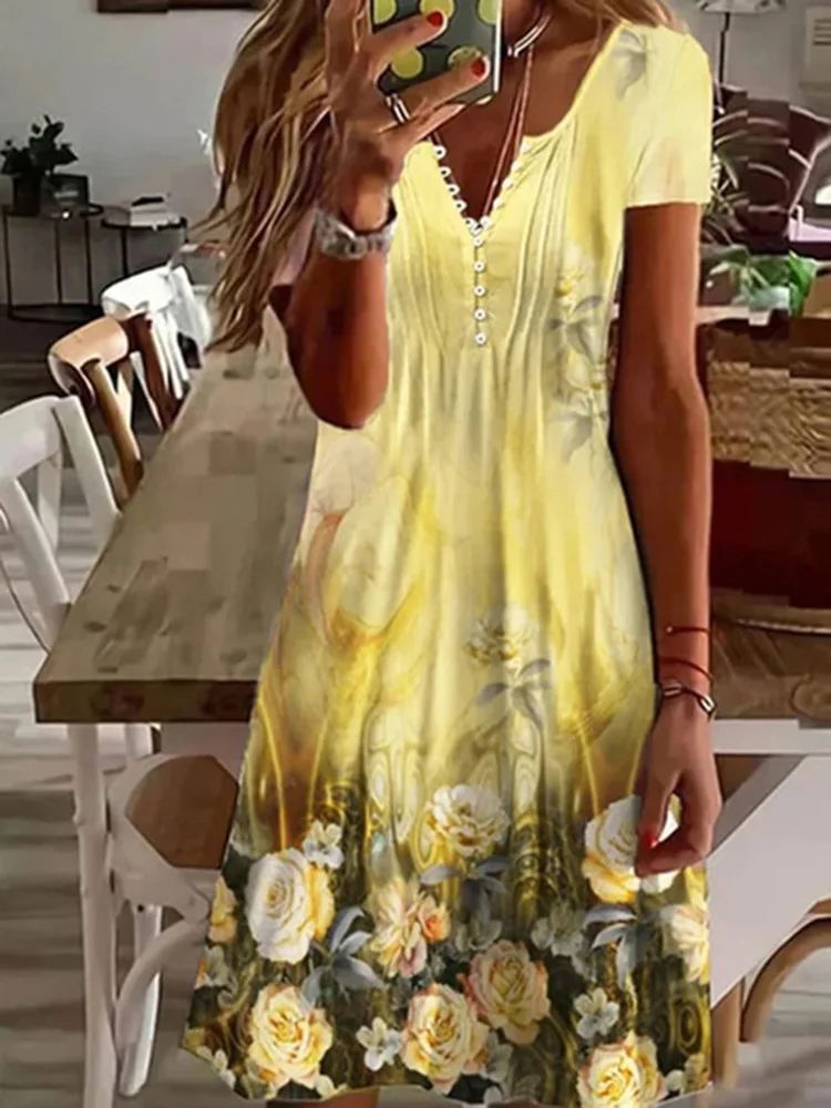

2023 Casual Spring Summer Women Dress Print Embroidery Short Sleeve V-Neck Elegant Beach Style Party Dress