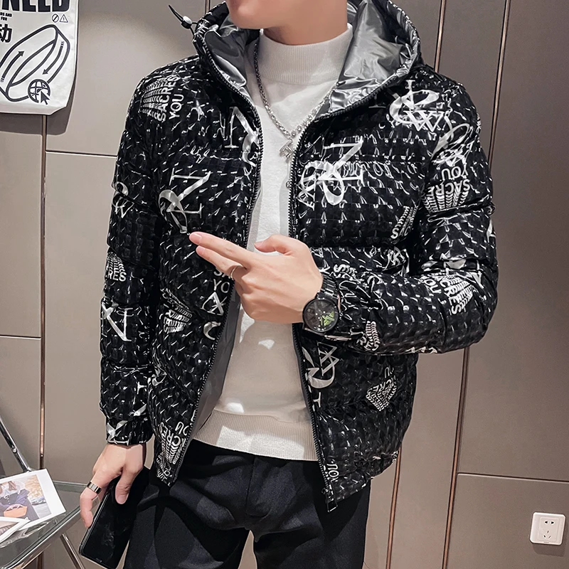 2022 Winter 3D Letter Hooded Puffer Parkas Men Thicken Warm Zipper Casual Jacket Fashion Streetwear Social Overcoat Men Clothing