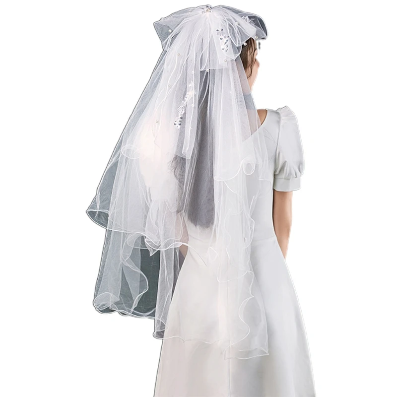 

Wedding Veil with Big Bow Hair Accessories for Brides Multi-Tier White Sheer Tulle Curly Edge Short Length Headwear