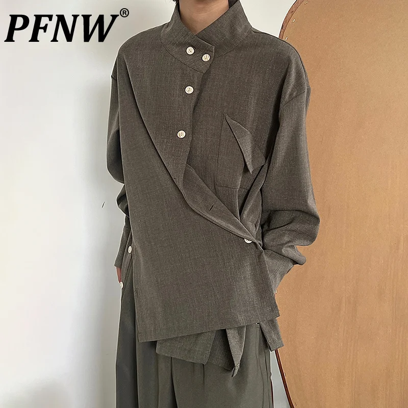 

PFNW French Vintage Stand Neck Niche Design Side Button Shirts Men's Autumn Spring Tide Elegant Chic Tops High Street 12Z4302