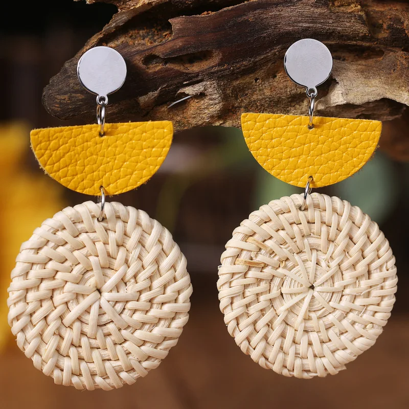 

2022 Wholesale Cool Holiday Wind Rattan Earrings Leather Geometric Simplicity Temperament Handmade Fashion Women Earrings