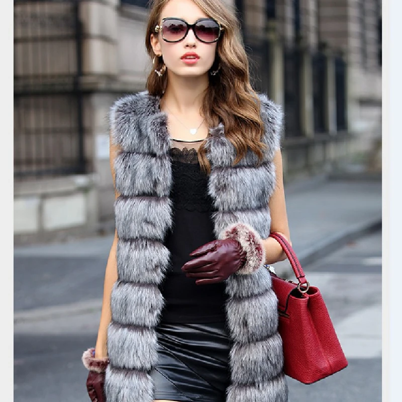 Long Furry Fur Coats Women Winter Ladies Luxury Fake Fox Fur Coats Slim Fake Leather Vests New Vests Long Coats Women's Coats