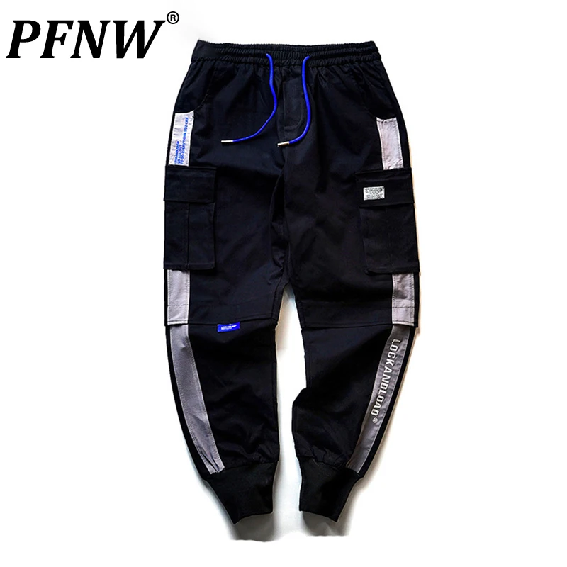 

PFNW Spring Summer Men's Embroidered Cargo Pants Fashion Hip Hop Casual Tide Contrast Letter Drawstring Baggy Trousers 12A4688