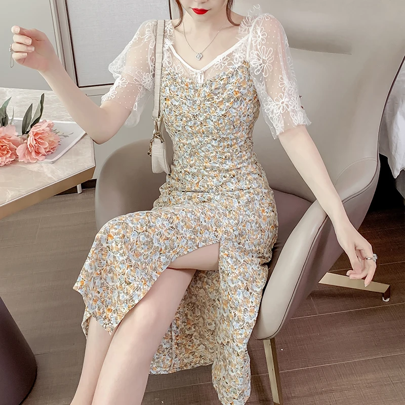 

COIGARSAM Women One Piece Korea Dress Summer 2022 New Patchwork Embroidery Floral Print Mesh Dresses Dropshipping