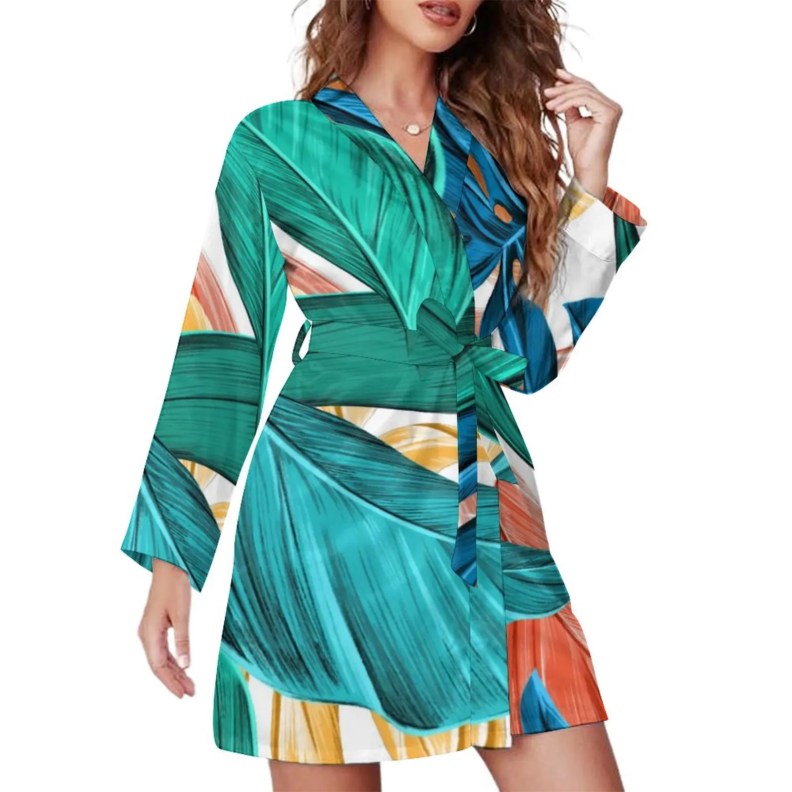 

Tropical Leaves Pajama Robe Women Green And Blue Casual Nightgown Long Sleeve V Neck Pattern Pajamas Robes Daily Romantic Dress