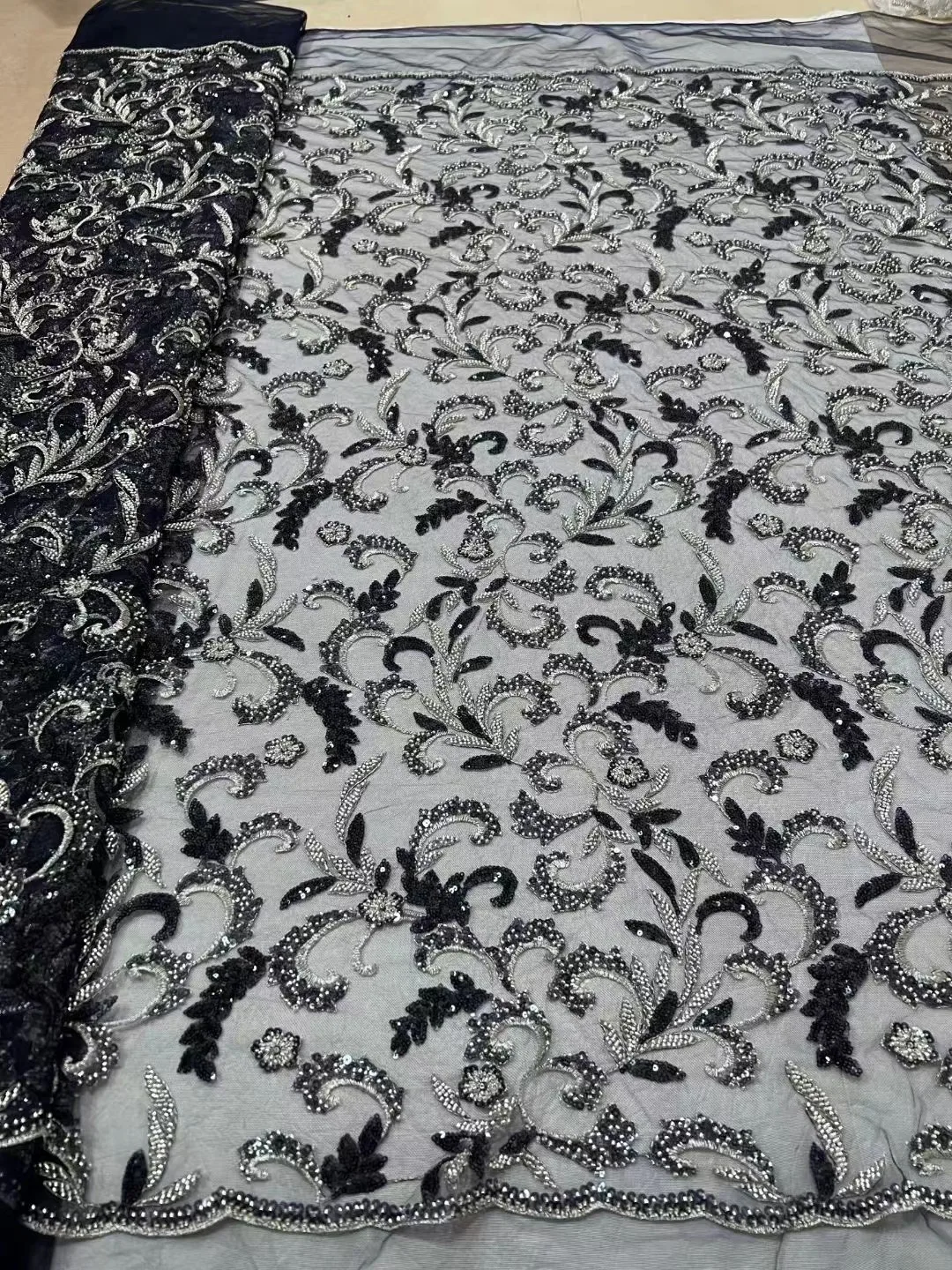 

African Net Beaded Lace Fabric 2023 High Quality Lace Sequins French Tulle Lace 5 Yards Nigerian Lace Fabric For Wedding Dress