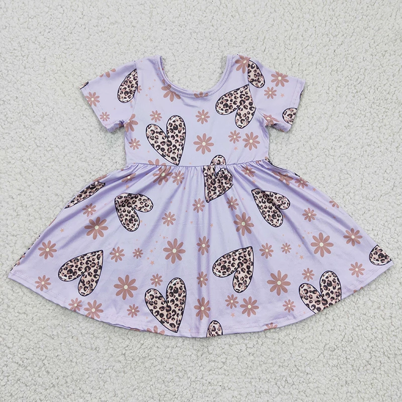 

Baby Girl Valentine's Twirl Dress Purple Short Sleeves Leopard Heart Flower Kid Children Infant Wholesale Toddler Floral Clothes