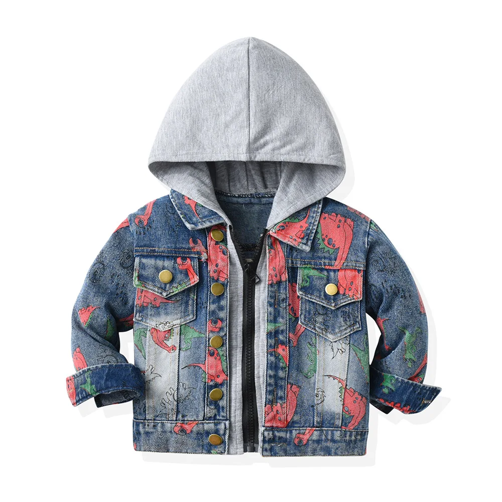 

Korean Baby Clothes Boy's Cowboy Coat Dinosaur Spring and Autumn New Children's Hooded Jacket Medium Children's Casual Tops