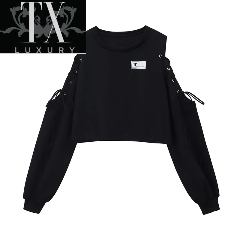 

New Hoodies Women Chic O-Neck Long Sleeve Off Shoulder Lace Up Sweatshirt Fashion Streetwear Slouch Pullover Jumper Tops Autumn