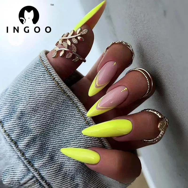 

Многоразовые поддельные ногти 24 шт., флуоресцентные желтые накладные ногти средней длины, французские накладные ногти, миндальные искусств...