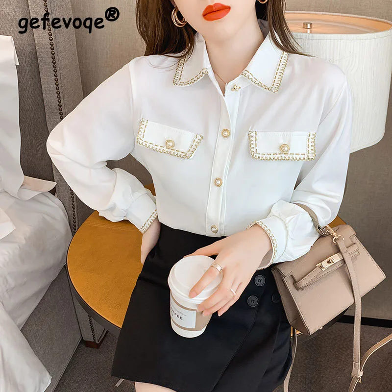 French Elegant Fashion Pockets Button All-match Women's Shirts 2022 Spring Office Lady Lapel Chic Blouses Commuter Female Shirts