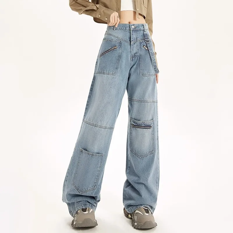 UNIFREE Pocket Panels Women's Jeans Vintage Wash High Waist Women's Cargo Pants High Street y2k Baggy Jeans for Women