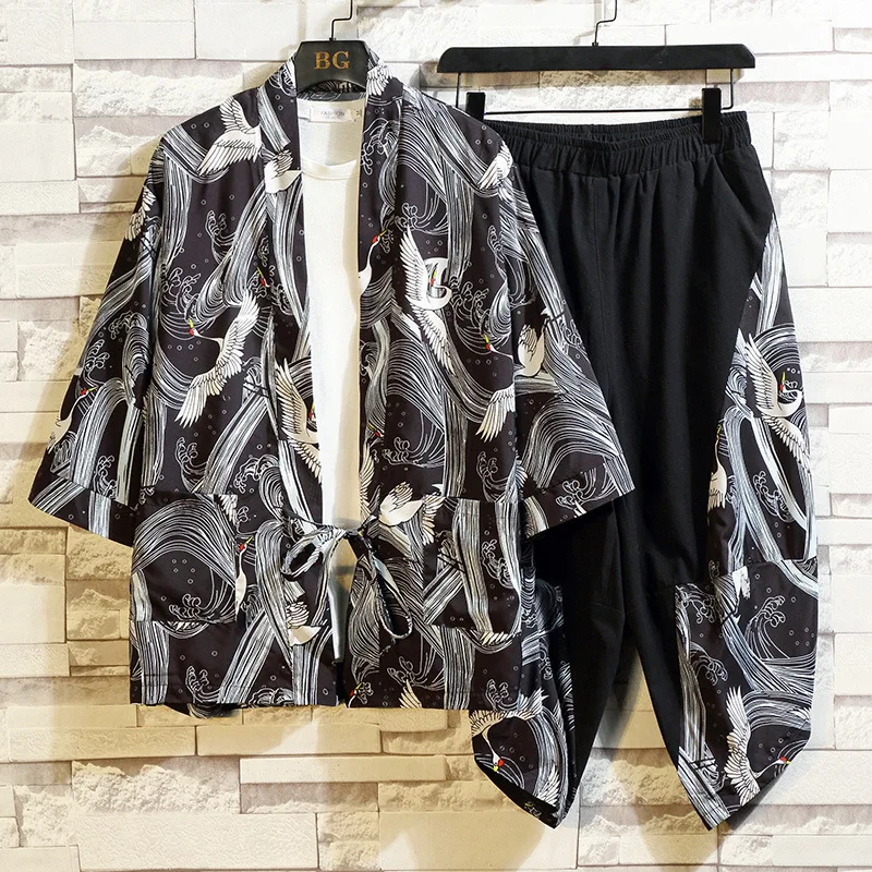Print Crane Men Black Pajamas Sets 2PCS Cotton Kimono Robe Chinese Style Summer New Cardigan Suit Lingerie Home Clothes