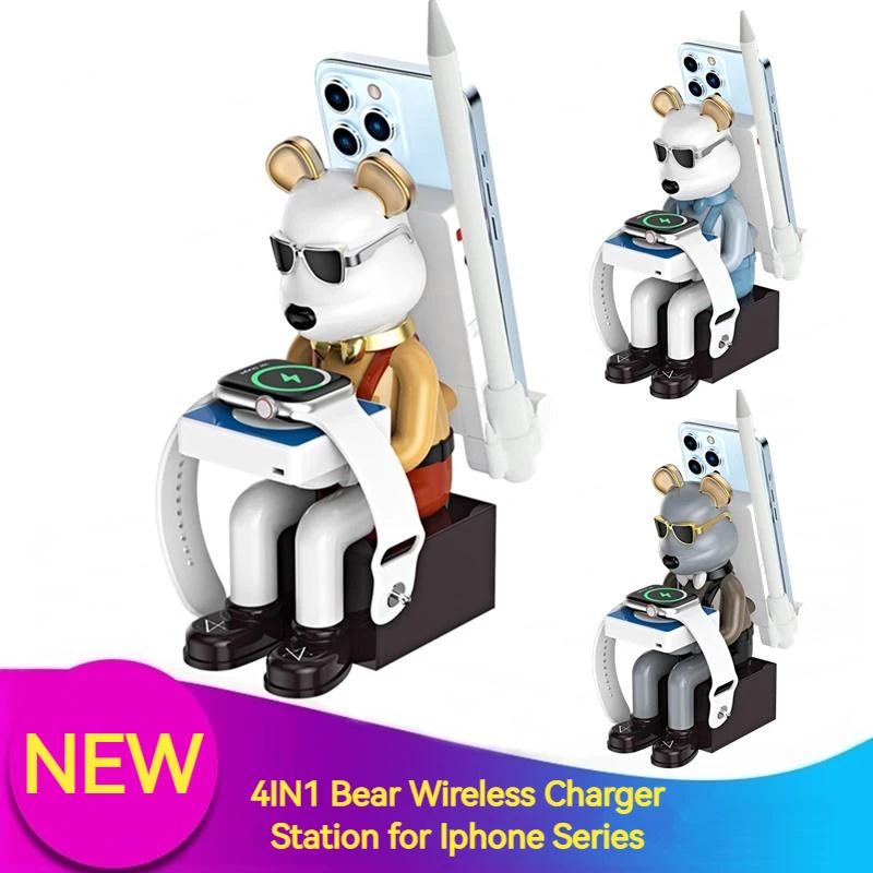 3IN1 Bear Wireless Charger Stand for Airpods Apple Watch Pen Fast Inductive Charging Station for Iphone 14 13 12 11 XS Pro Max