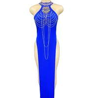 vintage folk cheongsam sexy chinese style women dress blue backless chain drag queen costume festival outfits rave wear