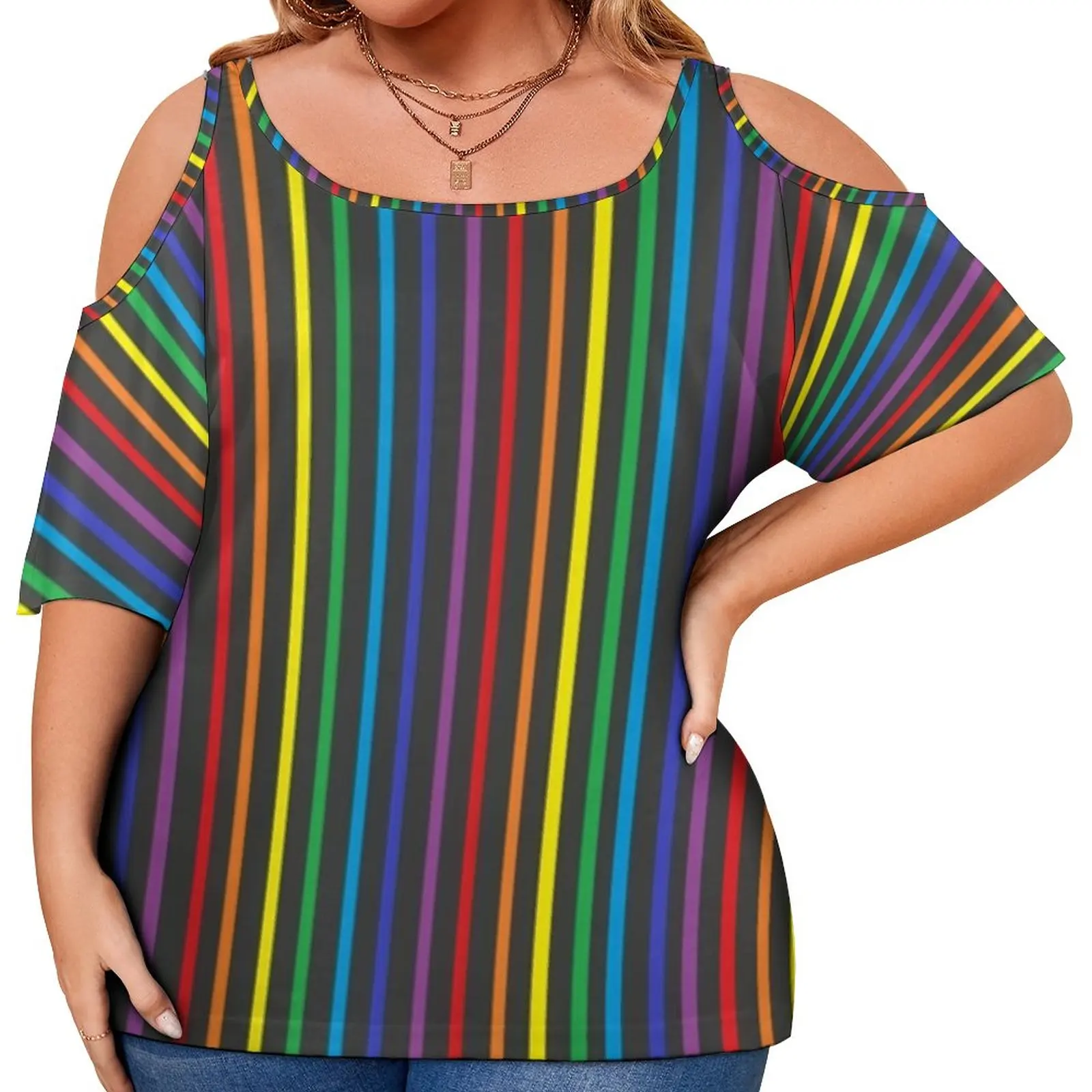 

Pinstripe Rainbow T-Shirts Colorful Stripes Print Korean Fashion T Shirt Short-Sleeve Trendy Tee Shirt Plus Size Graphic Clothes