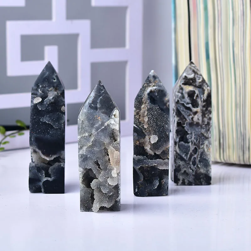 

1PC Natural Gemstone Mineral Agate Point Wand Healing Druzy Crystal black Agate Tower Column Home Decoration Gifts