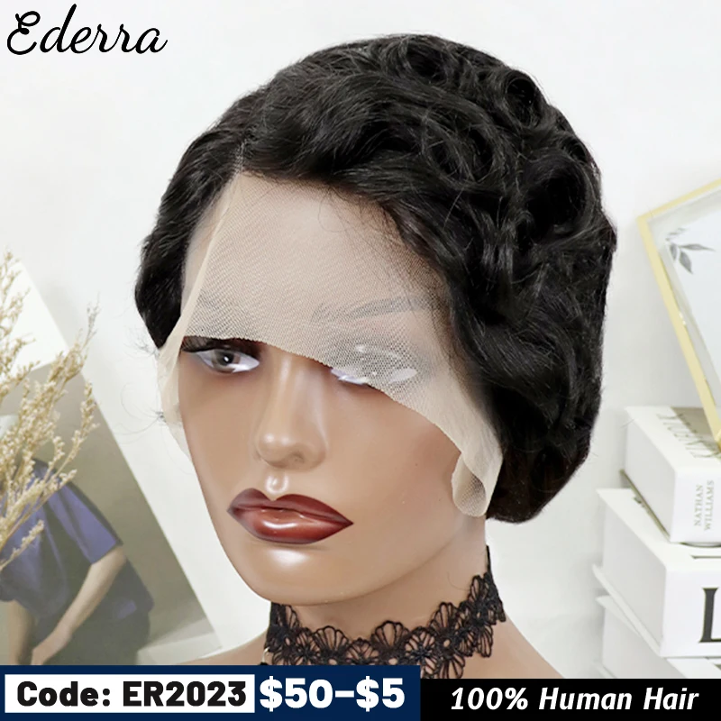 

Pixie Cut Wig Short Bob Curly 13x1 Lace Frontal Human Hair Wig Transparent Lace Front Wig For Women Deep Wave Cheap Human Hair W