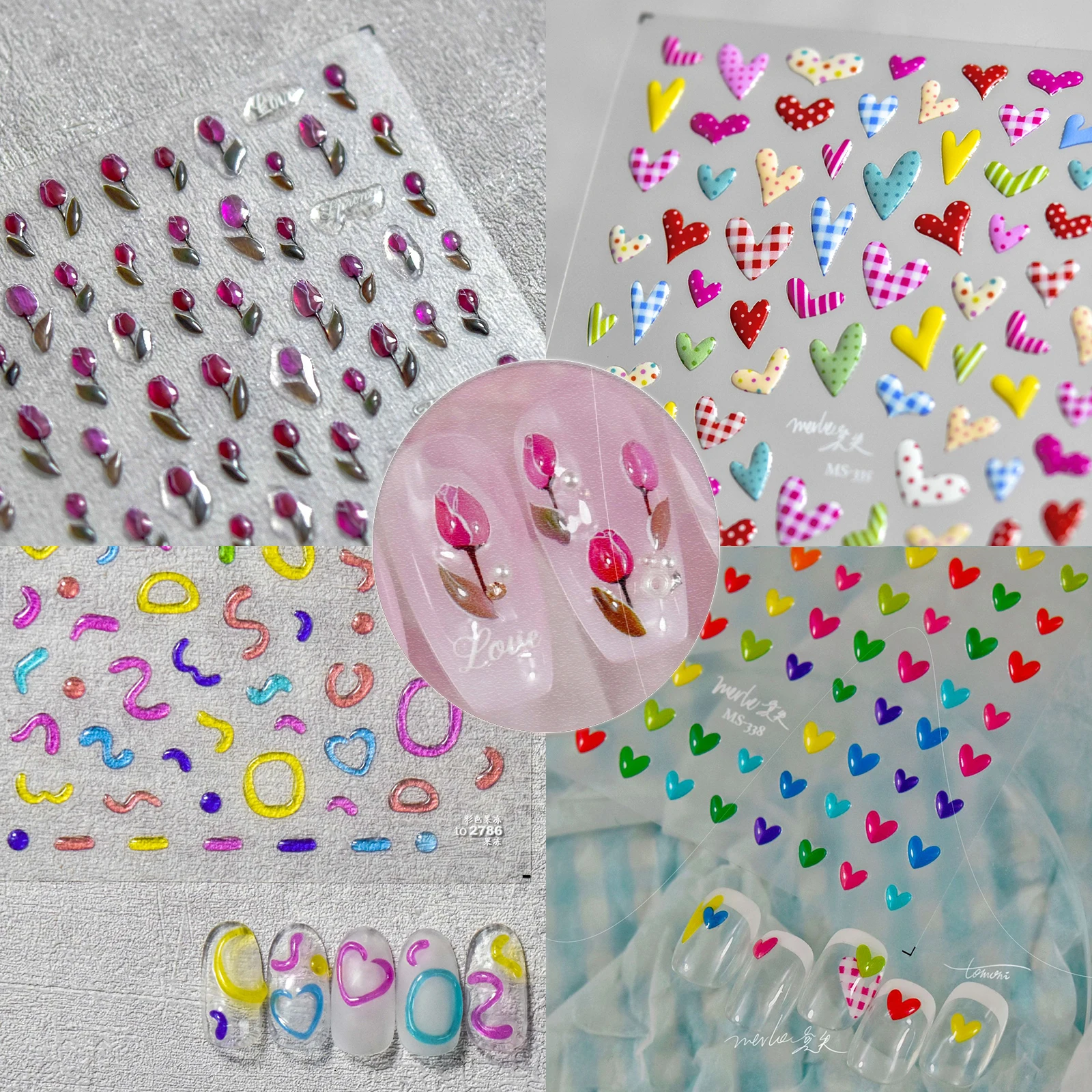 

1 Sheet 5D Realistic Relief Colorful Jelly Tulips Lattice Polk Dot Heart Lines Adheisve Nail Art Stickers Decals Manicure Charms