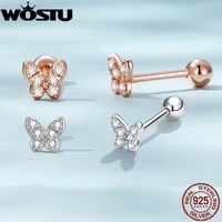 wostu 925 sterling silver lovely cute butterfly stud earrings for women clear cz rose gold mini ear studs wedding party jewelry