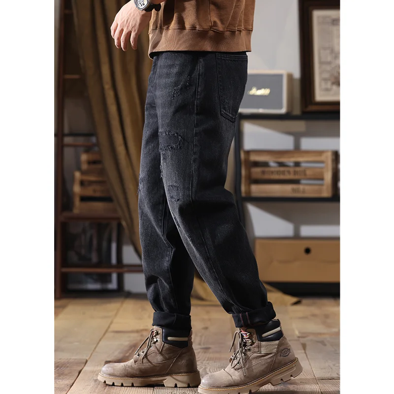 Men Clothing 2022 New Pattern Recreational Black Wide Leg Trousers Straight Cylinder Comfortable Loose Hole Jeans Autumn Female