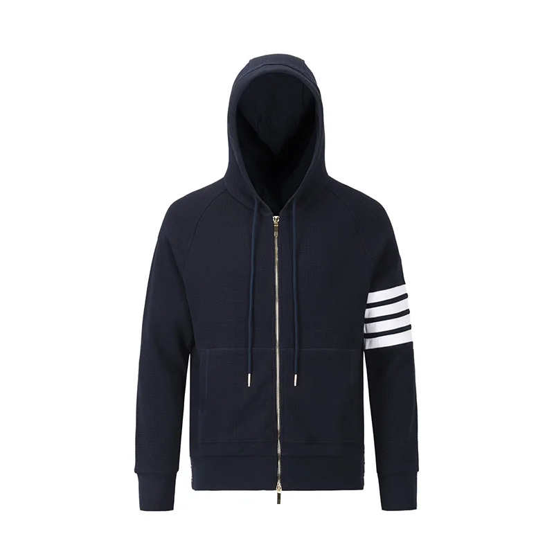 

oodies Sprin Autumn Luxury Brand Desin Style Men's Sweatsirts Classic Navy Waffle Cotton 4-Bar Stripe Jackets