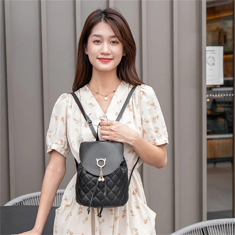 Women PU Leather Shoulder Mini Small Backpack Multi-Function Diamond Lattice Phone Pouch Student Backpack