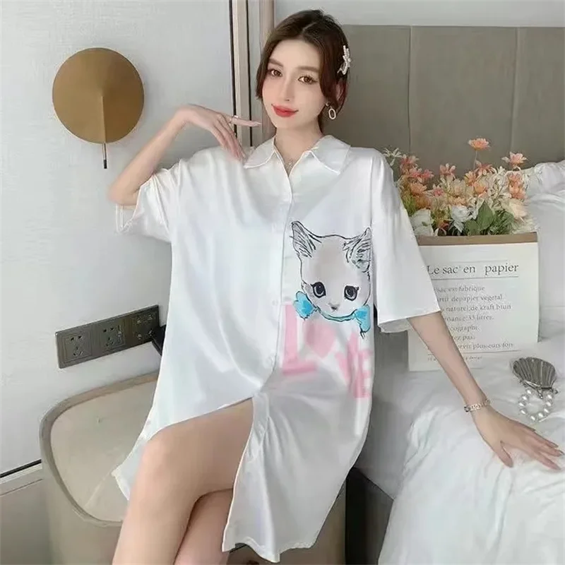 Pajama Dress Women's Summer 2023 New High end Thin Style Large Size Shirt Dress Ladies Pajama Wearing Home Furnishing Dress images - 6