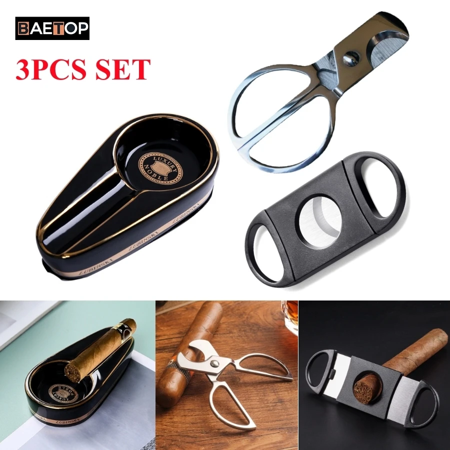 

3PCS Set Portable Single Ceramic Cigar Ashtray with Stainless Steel Cigar Cutter & Scissors Gift for different Sizes of Cigar