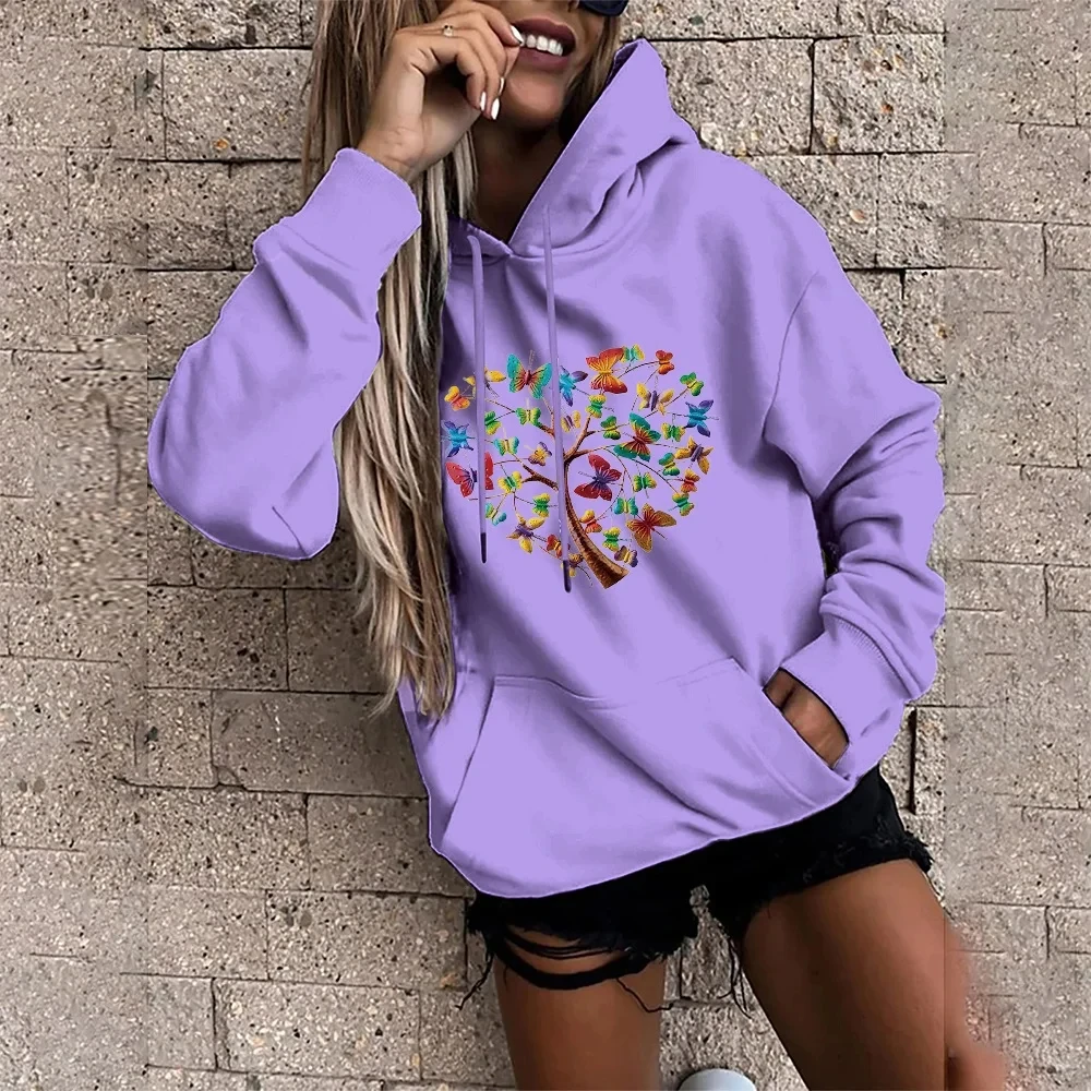 

New Hoodie 2021 Lazy Style Bright Purple with Butterfly Pattern Woman Clothing