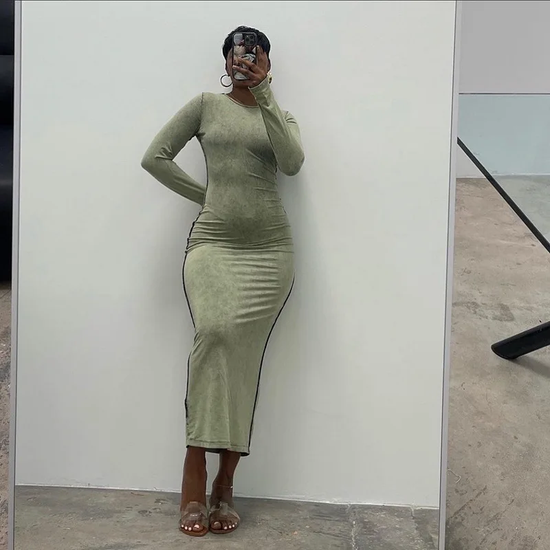 

Женское винтажное однотонное платье Макси Y2K, двухстороннее привлекательное облегающее платье с длинным рукавом и круглым вырезом, осенняя...