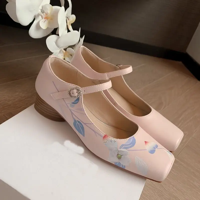 Size 33-40 Natural Genuine Leather Women Heels Shoes Print Designs Birthday Party Wedding Shoes Fashion High Heel Shoes