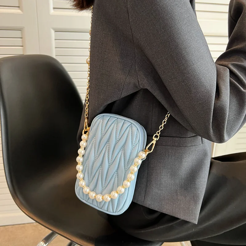 Women's Luxury Brand Design Pearl Chain Mini Shoulder Bag PU Leather Rhombus Pattern Phone Pouch Female Tote Purse Wallet Femele