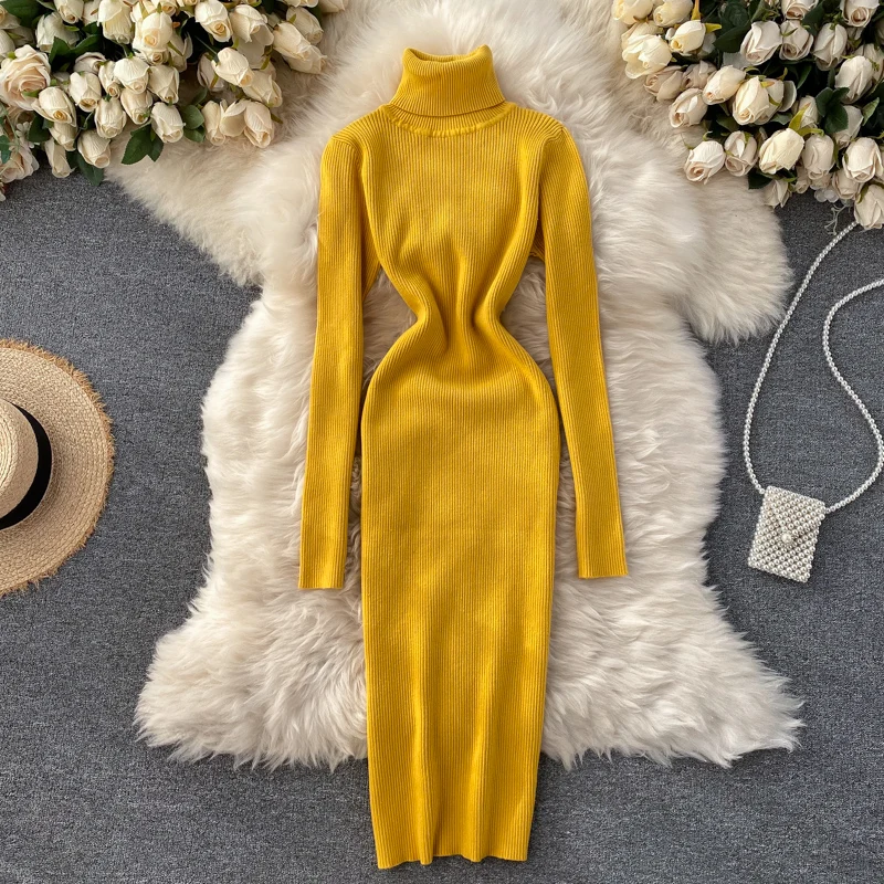 

Biyaby Women Turtleneck Knit Dress Sexy Slim Fit High Elastic Long Sweater Dresses Woman Solid Long Sleeve Autumn Winter Dress